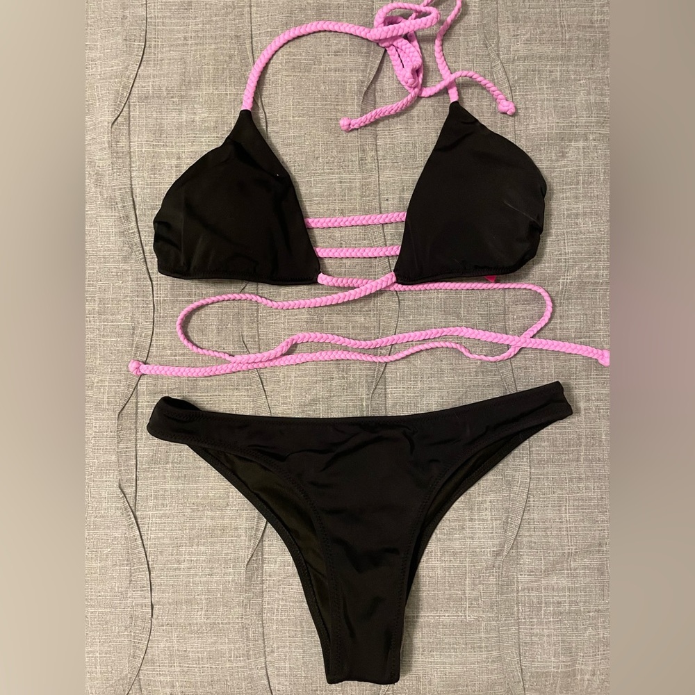 Victoria’s Secret Black/Pink String Bikini with Brazilian-cut bottoms